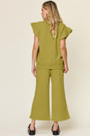 Double Take Texture Ruffle Short Sleeve Top and Drawstring Wide Leg Pants Set