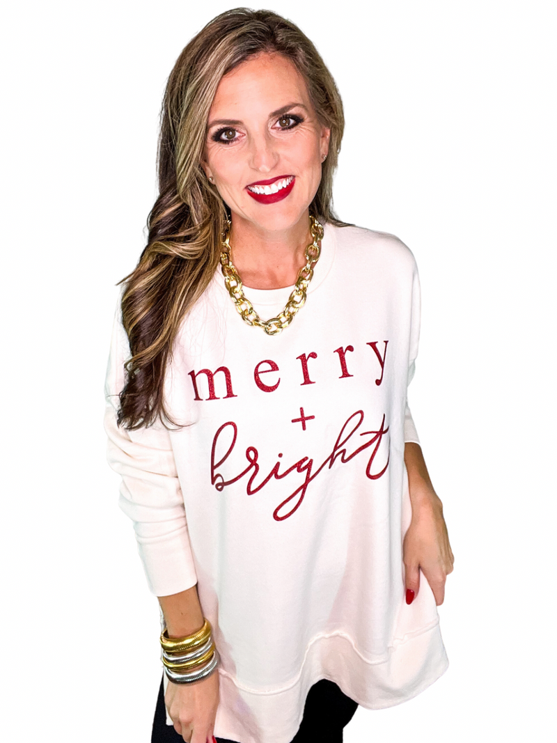 Merry and Bright Red Glitter Vintage Fleece Pullover