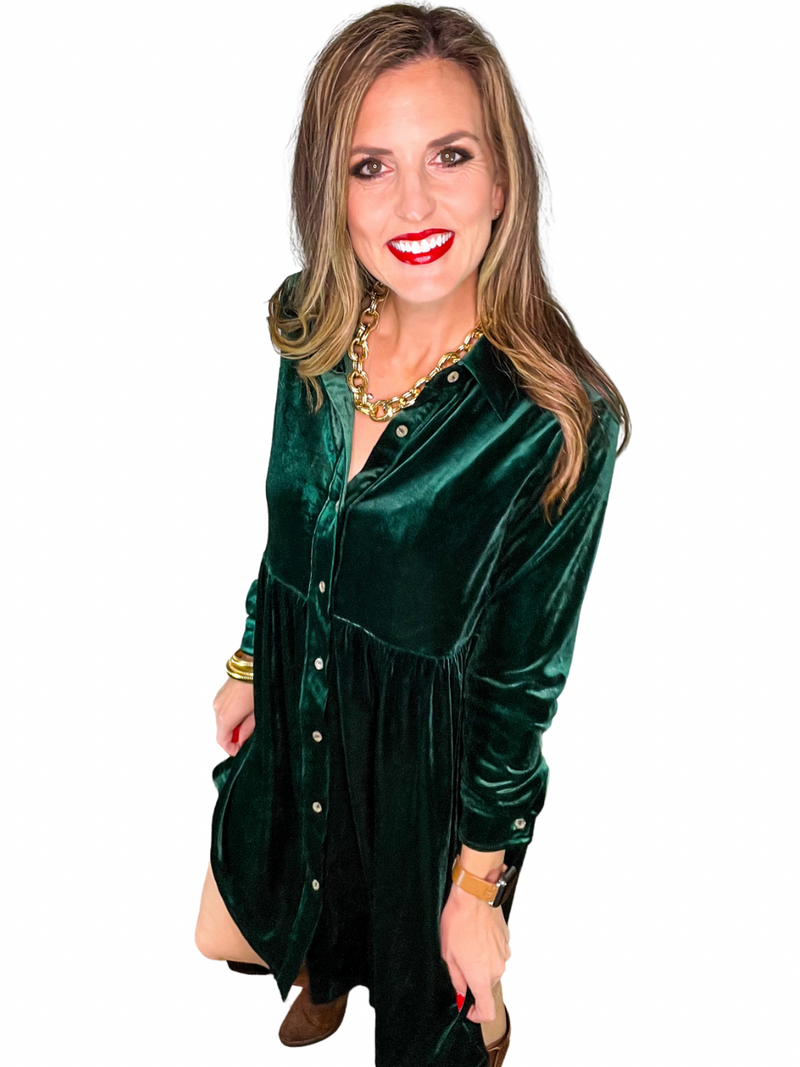 Ruched Button Up Collared Neck Long Sleeve Shirt Dress