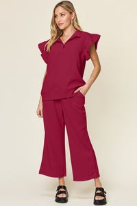 Double Take Texture Ruffle Short Sleeve Top and Drawstring Wide Leg Pants Set