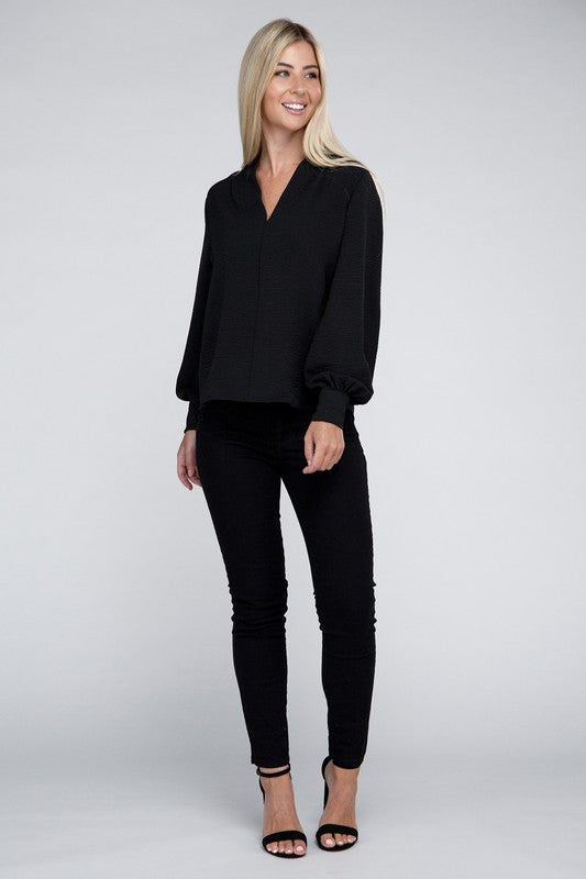 Woven V-Neck Long Sleeve Top