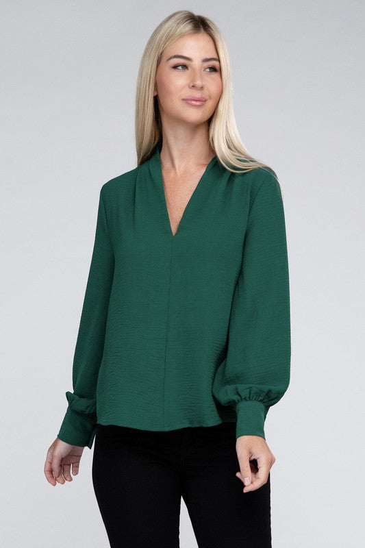 Woven V-Neck Long Sleeve Top