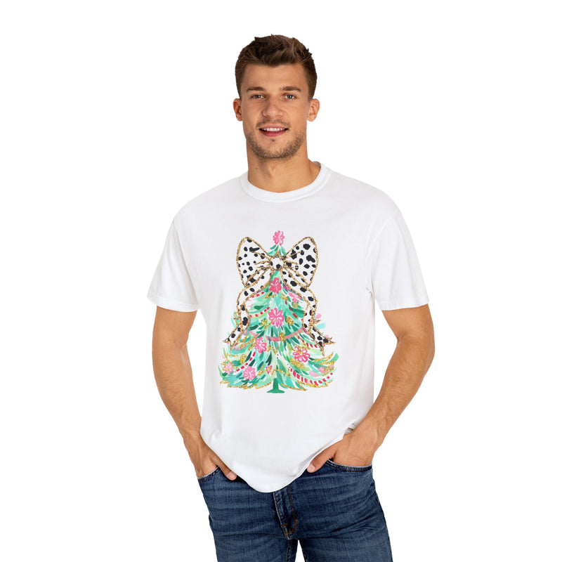 Preppy Christmas Tree with Bow Comfort Colors Tee