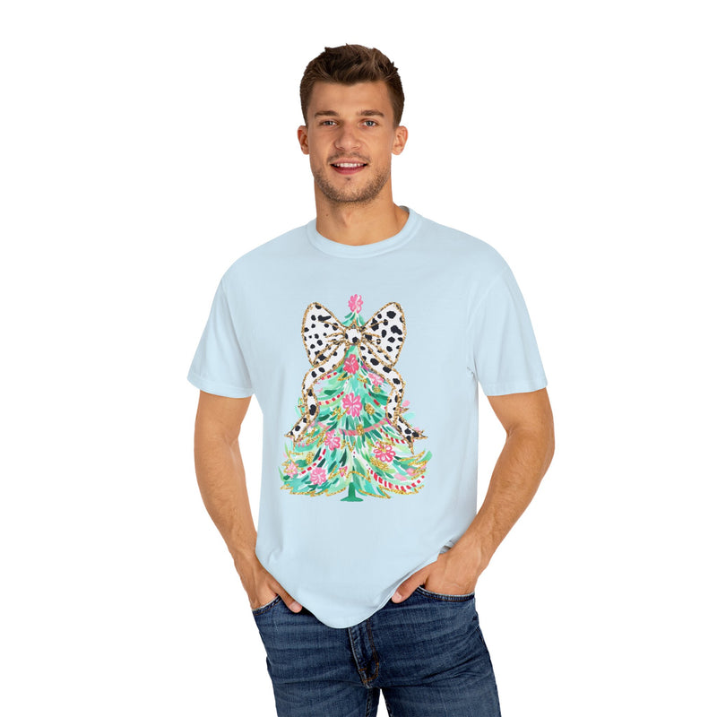Preppy Christmas Tree with Bow Comfort Colors Tee