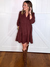 Umgee Tiered Corduroy Dress in Red Brown