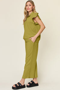 Double Take Texture Ruffle Short Sleeve Top and Drawstring Wide Leg Pants Set