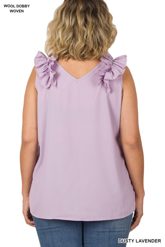 Plus Sleeveness V-Neck Ruffle Detail Top