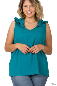 Plus Sleeveness V-Neck Ruffle Detail Top