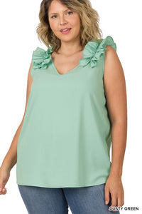 Plus Sleeveness V-Neck Ruffle Detail Top