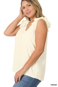 Plus Sleeveness V-Neck Ruffle Detail Top