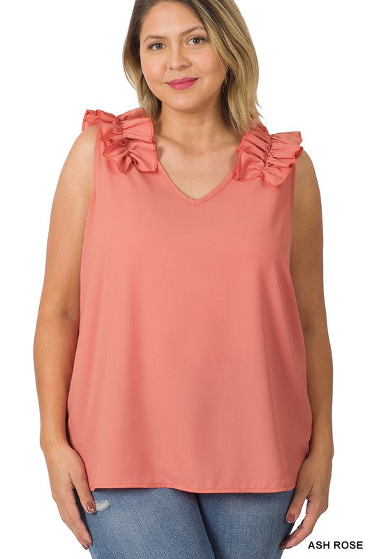 Plus Sleeveness V-Neck Ruffle Detail Top