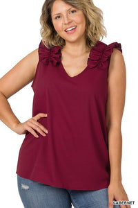 Plus Sleeveness V-Neck Ruffle Detail Top