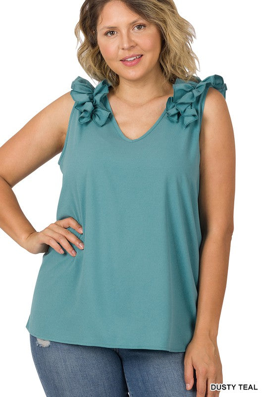 Plus Sleeveness V-Neck Ruffle Detail Top