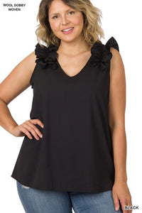 Plus Sleeveness V-Neck Ruffle Detail Top