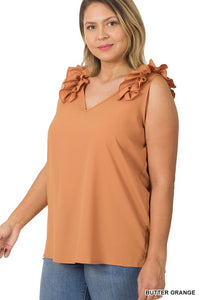 Plus Sleeveness V-Neck Ruffle Detail Top