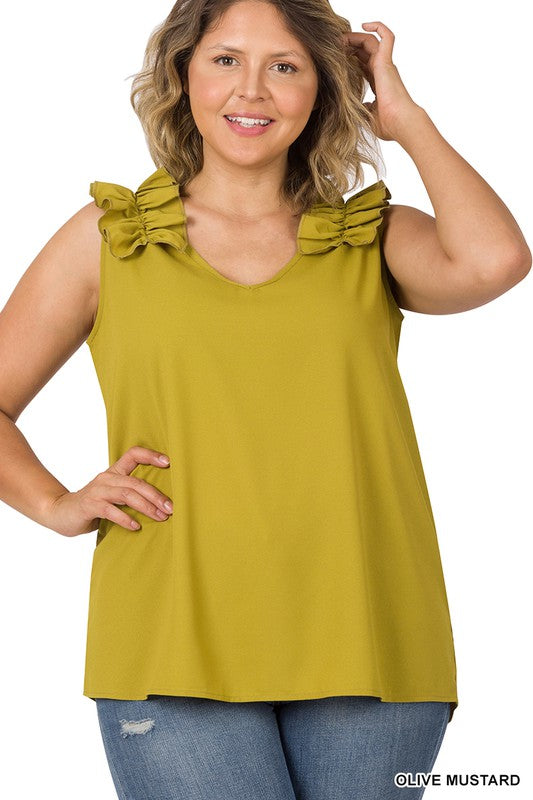 Plus Sleeveness V-Neck Ruffle Detail Top