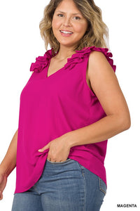 Plus Sleeveness V-Neck Ruffle Detail Top