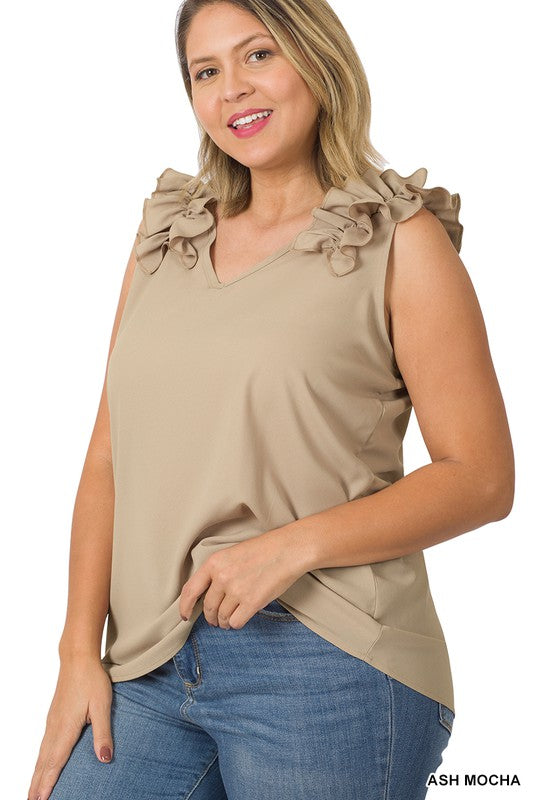 Plus Sleeveness V-Neck Ruffle Detail Top