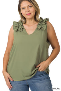 Plus Sleeveness V-Neck Ruffle Detail Top