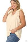 Plus Sleeveness V-Neck Ruffle Detail Top