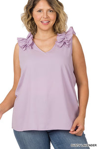 Plus Sleeveness V-Neck Ruffle Detail Top