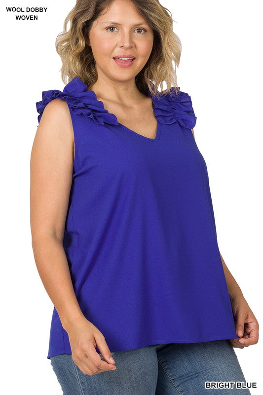 Plus Sleeveness V-Neck Ruffle Detail Top