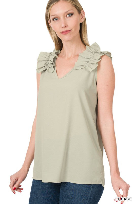 Sleeveless V-Neck Ruffle Detail Top