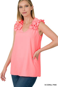Sleeveless V-Neck Ruffle Detail Top
