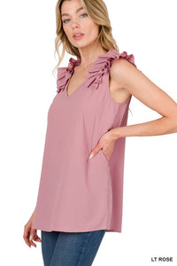 Sleeveless V-Neck Ruffle Detail Top