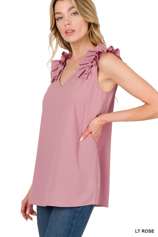 Sleeveless V-Neck Ruffle Detail Top