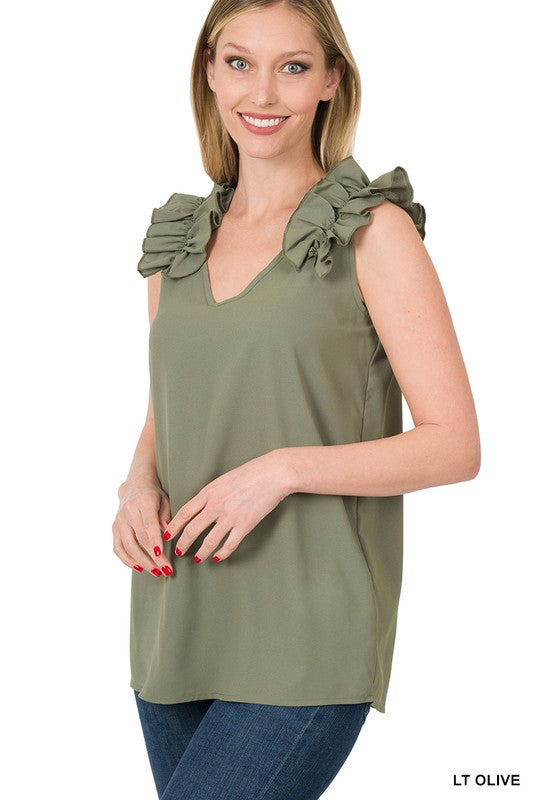 Sleeveless V-Neck Ruffle Detail Top