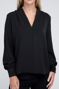 Woven V-Neck Long Sleeve Top