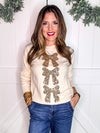 Cream Sequins Bow Ribbon Christmas Sweater