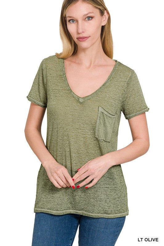 WASHED MELANGE BURNOUT SCOOP V-NECK TOP