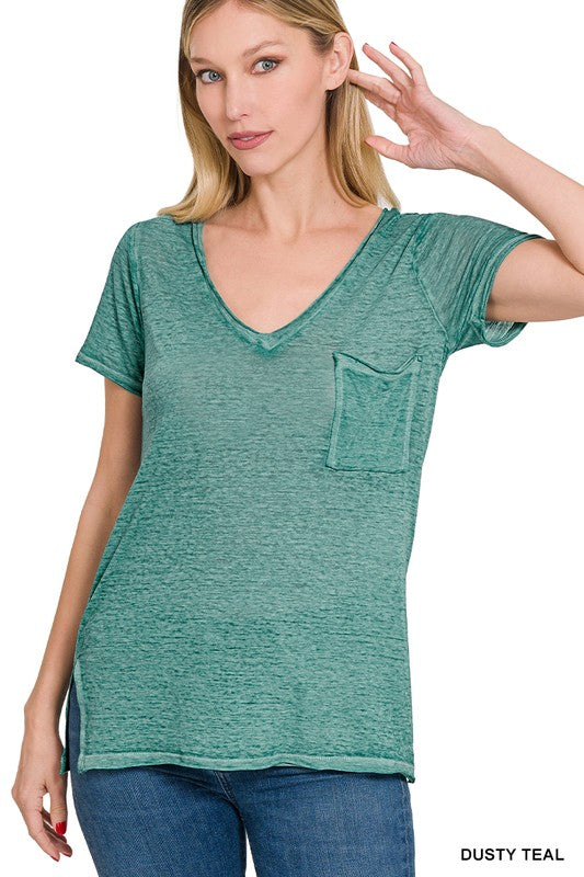 WASHED MELANGE BURNOUT SCOOP V-NECK TOP