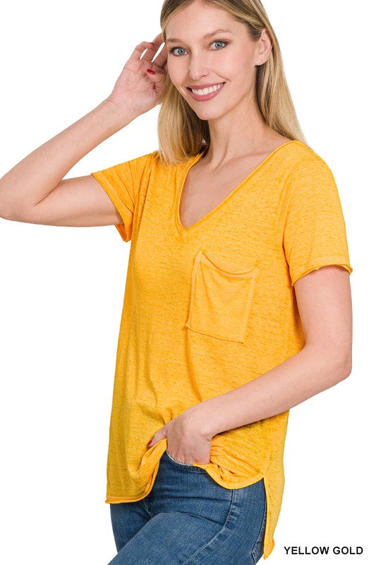 WASHED MELANGE BURNOUT SCOOP V-NECK TOP