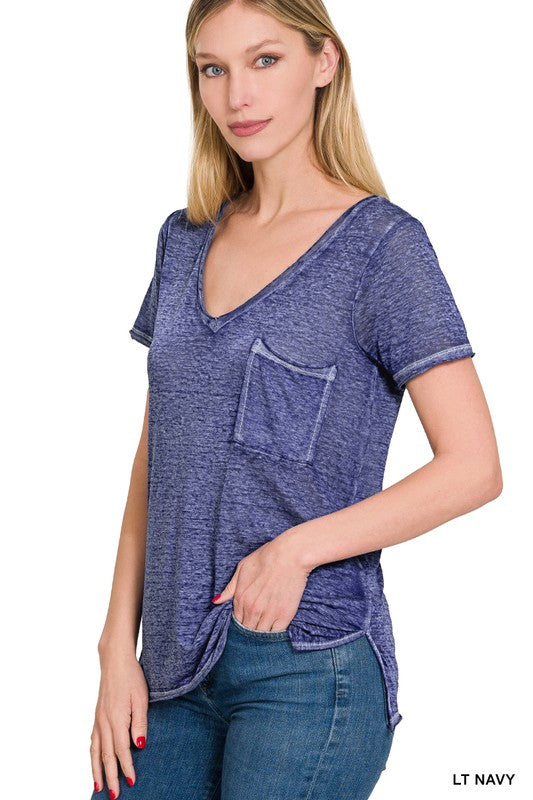 WASHED MELANGE BURNOUT SCOOP V-NECK TOP