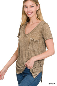 WASHED MELANGE BURNOUT SCOOP V-NECK TOP