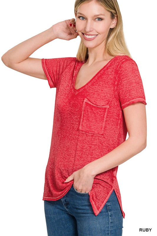 WASHED MELANGE BURNOUT SCOOP V-NECK TOP