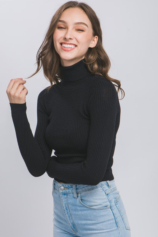 Turtleneck Ribbed Knit Sweater Top