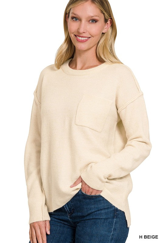 Hi-Low Hem Round Neck Sweater