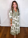 Umgee Green Border Print Tiered Midi Dress