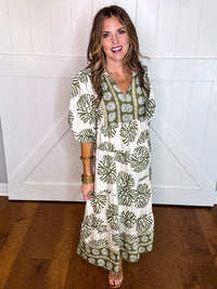 Umgee Green Border Print Tiered Midi Dress
