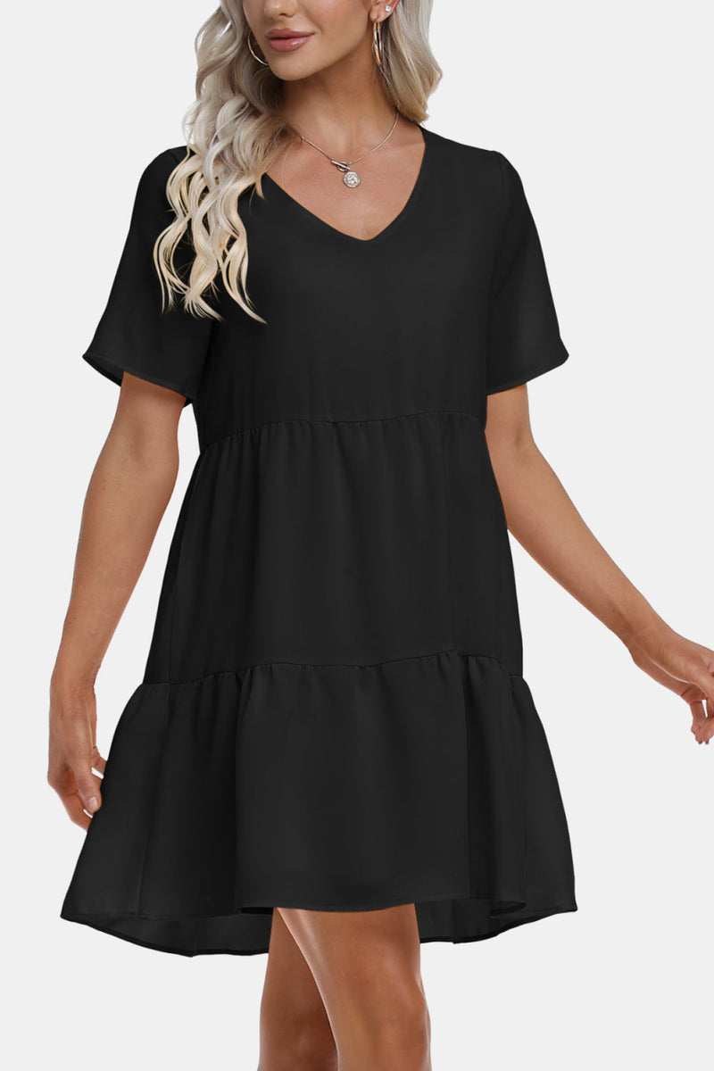 V-Neck Short Sleeve Tiered Dress