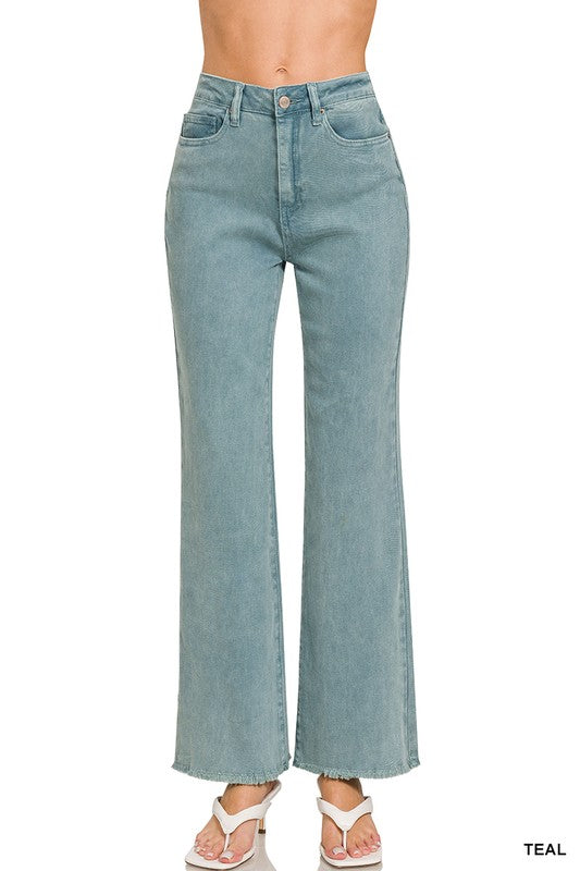 Acid Washed Frayed Hem Jeans with Front Pockets