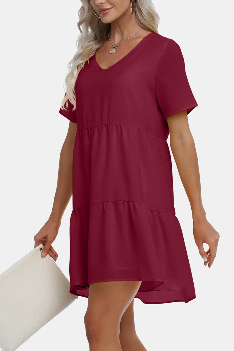 V-Neck Short Sleeve Tiered Dress