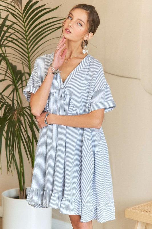 v neck babydoll dress Ruffled Hem Striped V-Neck Babydoll Dress – Turquoise & Tangerine