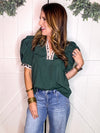 Entro Hunter Green Leopard Puff Sleeve Collared Top