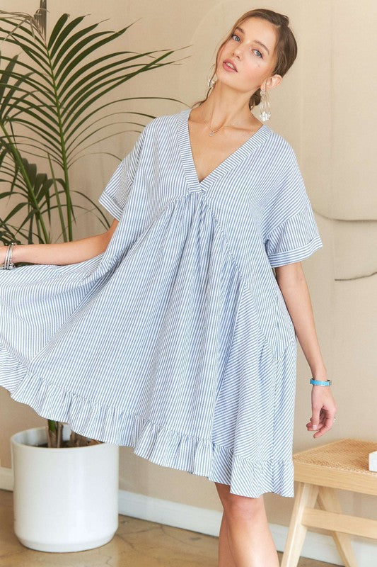 Ruffled Hem Striped V-Neck Babydoll Dress