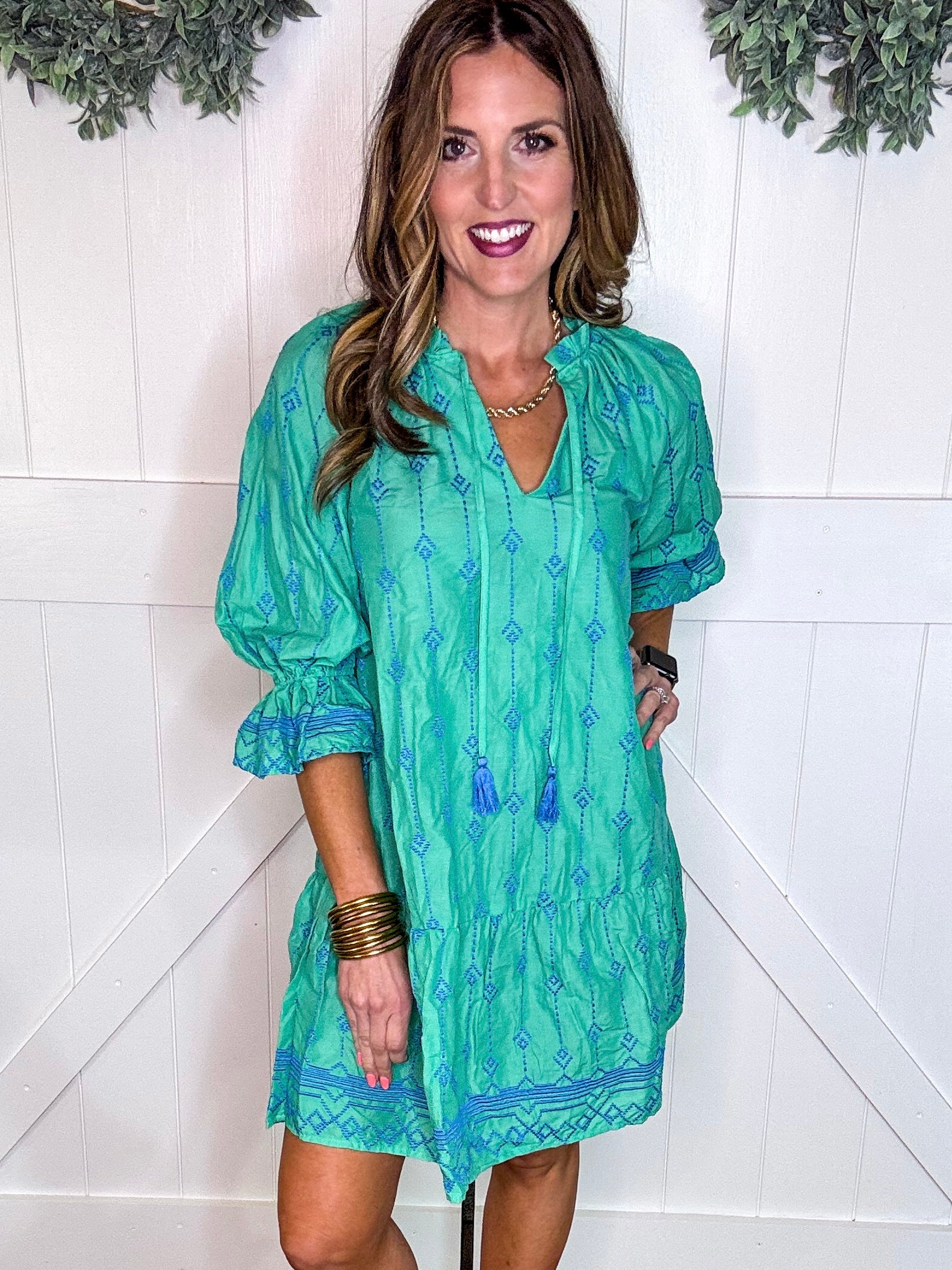 Umgee Tassel Embroidered Flounce Sleeve Dress Turquoise & Tangerine Umgee Tassel Embroidered Flounce Sleeve Dress Turquoise & Tangerine